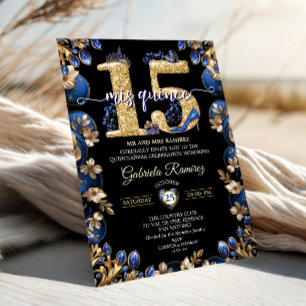 Invitación Azul Real y Mis Quince Negros Quinceañera