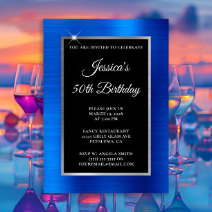 Invitación Azul Real y Negro con Hojuela de Plata Cumpleaños 