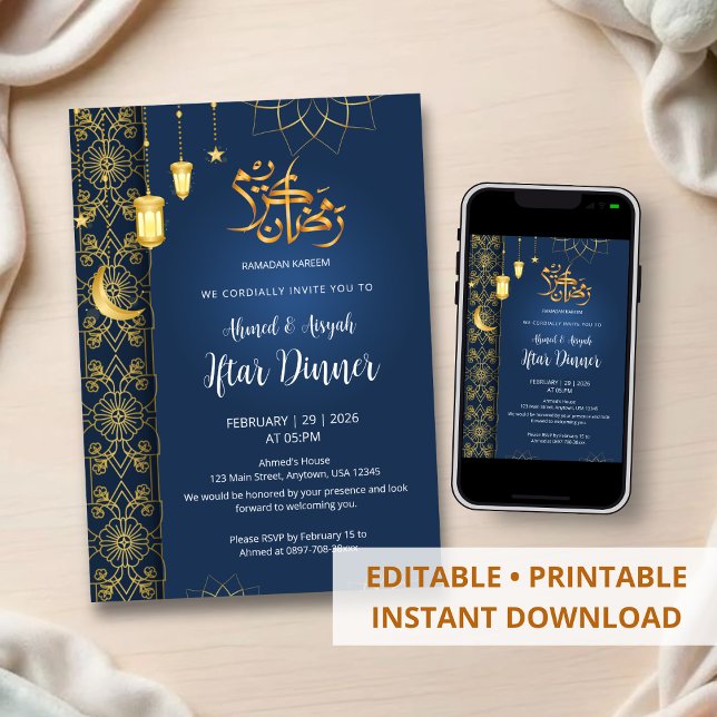 Invitación Azul Real y Oro Iftar Floral Geométrico Islámico (Subido por el creador)