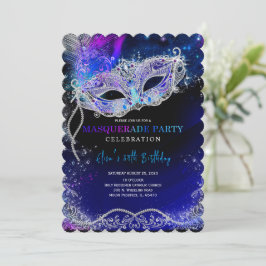 Invitación Azul Real y Plata para Fiesta de Máscara