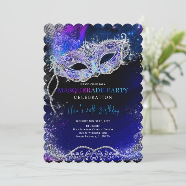 Invitación Azul Real y Plata para Fiesta de Máscara (Anverso de pie)