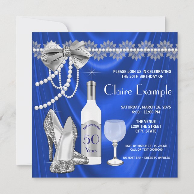 Invitación Azul Real y Plateado de Mujer Envejecido a la Perf (Anverso)