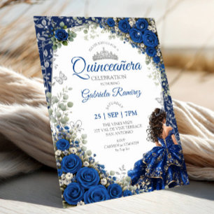 Invitación Azul Real y Quinceañera de Mariposas Plateadas Nav