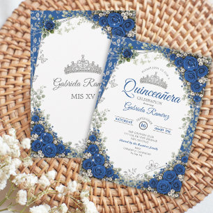 Invitación Azul Real y Quinceañera de Rosas Azules de Plata