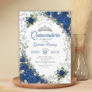 Invitación Azul Real y Quinceañera de Rosas Azules de Plata