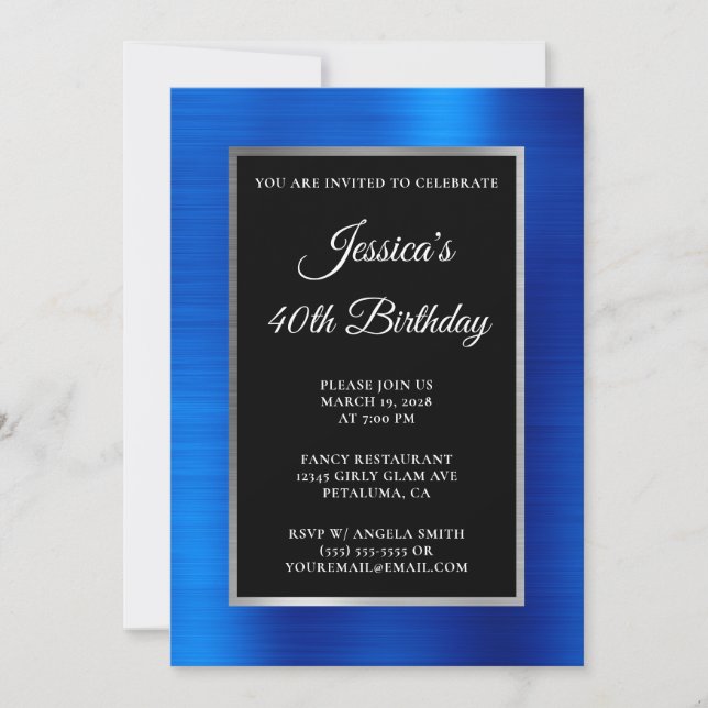 Invitación Azul real y Relieve metalizado plateado Negro 40 c (Anverso)