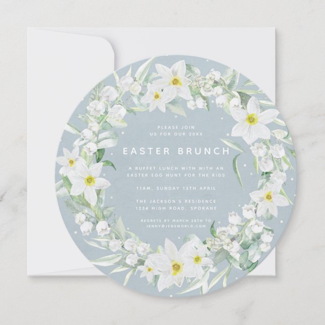 Invitación Azul redondo + Brunéi de Pascua floral blanco (Anverso)