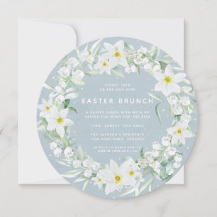 Invitación Azul redondo + Brunéi de Pascua floral blanco