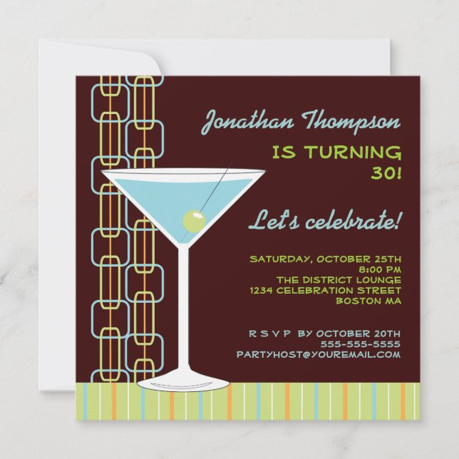 Invitación azul retra de la fiesta de cumpleaños (Anverso)