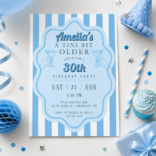 Invitación Azul Retro a Rayas Tini Bit Martini de Cumpleaños