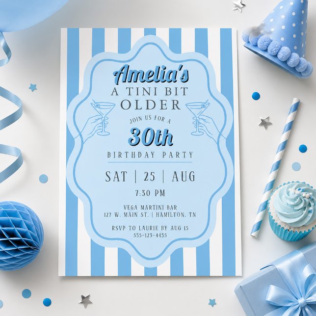 Invitación Azul Retro a Rayas Tini Bit Martini de Cumpleaños  (Retro Blue Stripe Tini Bit Older Martini Birthday Invitation)