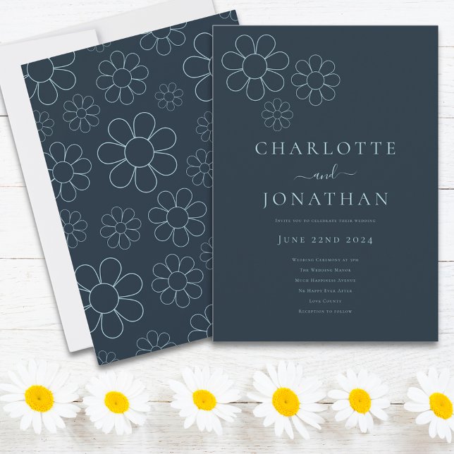 Invitación Azul retro minimalista (Minimalist retro daisy blue wedding invitation )