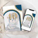 Invitación Azul Retro Y Oro 40 Aniversario De La Foto<br><div class="desc">Estas invitaciones minimalistas retro de cumpleaños número 40 son perfectas para una celebración de cumpleaños. Las invitaciones son de estilo retro con tonos azules y dorados. Una plantilla moderna para invitaciones a fiestas de cumpleaños sobre tu foto enmarcada con arcos en modernos tonos azules y dorados. Los estilos y el...</div>
