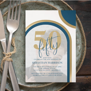 Invitación Azul Retro Y Oro 50 Aniversario De La Foto