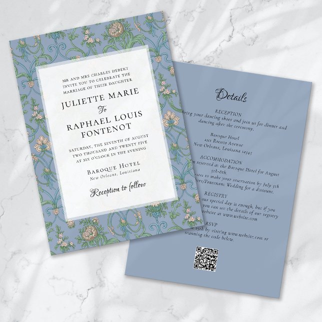 Invitación Azul Rococo barroco floral todo en un Boda (Subido por el creador)