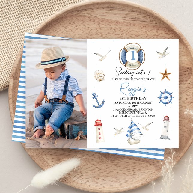 Invitación Azul Rojo Moderno navegando hacia el primer cumple (Nautical Sailing into One 1st Birthday Invitation Boy Sailing Boat Party Invite Editable Blue White)