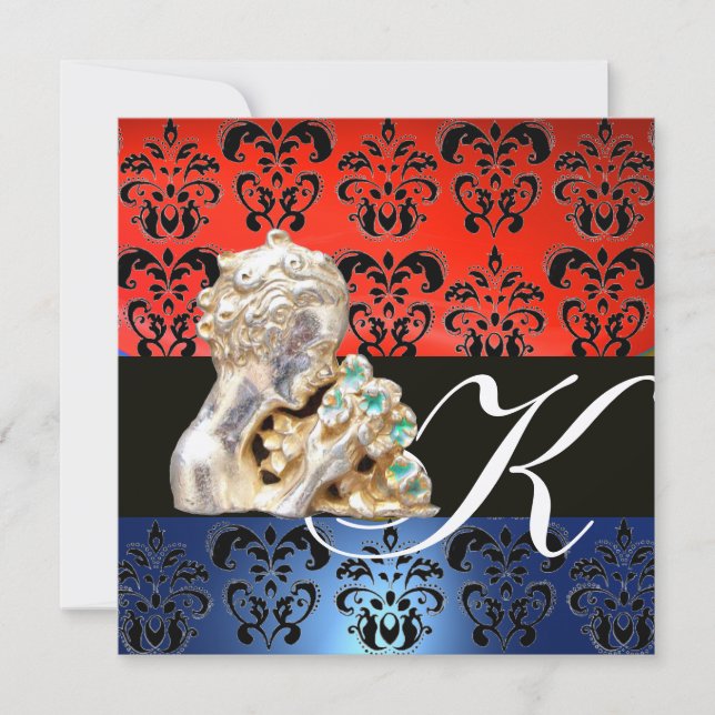 INVITACIÓN AZUL ROJO, NEGRO, BLANCO DAMASK JEWEL MONOGRAM (Anverso)