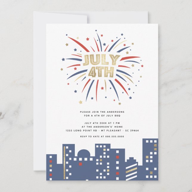 Invitación Azul rojo y fuegos artificiales de oro 4 de julio  (Anverso)