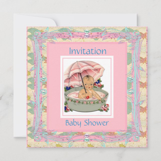 Invitación Azul rosa Baby Shower vintage (Anverso)