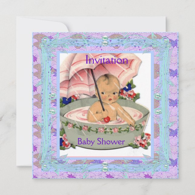 Invitación Azul rosa Baby Shower vintage (Anverso)