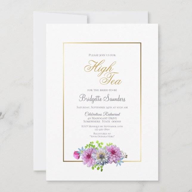 Invitación Azul rosa Floral dorado ducha de novia Té alto (Anverso)