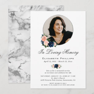 Invitación Azul Rosa Floral Mármol Foto Memorial Funeral