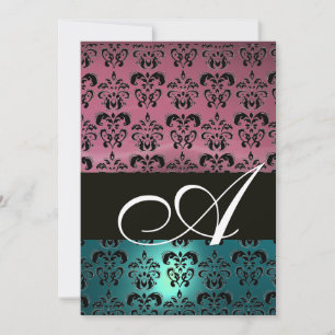 Invitación AZUL ROSA NEGRO  DAMASCO MONOGRAMA ,blanco brillan