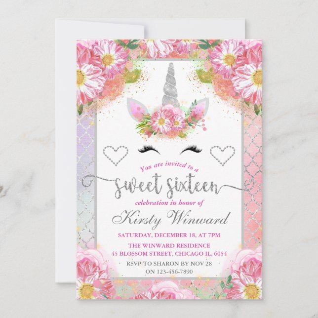 Invitación Azul rosa y plateado Unicornio Cara dulce 16 (Anverso)