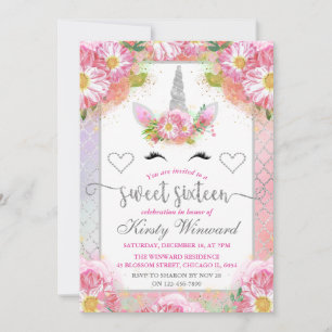 Invitación Azul rosa y plateado Unicornio Cara dulce 16