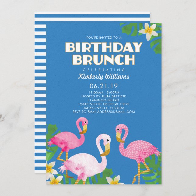 Invitación Azul rosado del brunch del cumpleaños de los (Anverso / Reverso)
