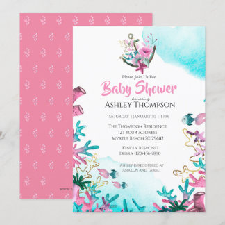 Invitación Azul rosado moderno bajo el mar Baby Shower