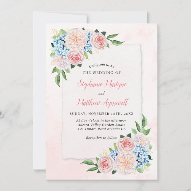 Invitación Azul rosado oscuro Hidrangea Boda bucodental (Anverso)