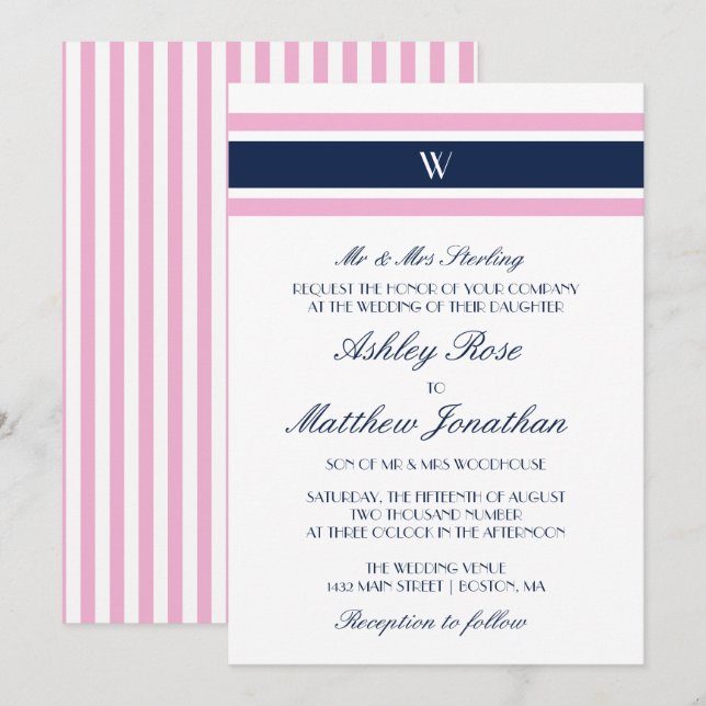 Invitación Azul rosado y naval | Boda de monograma (Anverso / Reverso)