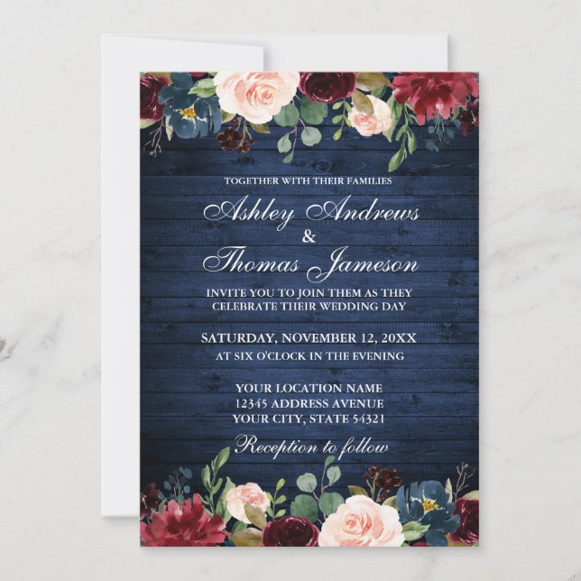 Invitación Azul rubio Boda de madera azul Floral Azul borgoño (Anverso)