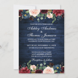 Invitación Azul rubio Boda de madera azul Floral Azul borgoño