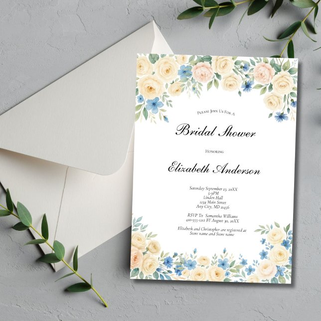 Invitación Azul Rubor Crema rosa Floral Brillante (Cream Blush Pink and blue watercolor florals Bridal Shower invitation. Printed or Digital Download)