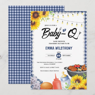 Invitación Azul Rústico Gingham Cuadro Baby Shower BBQ
