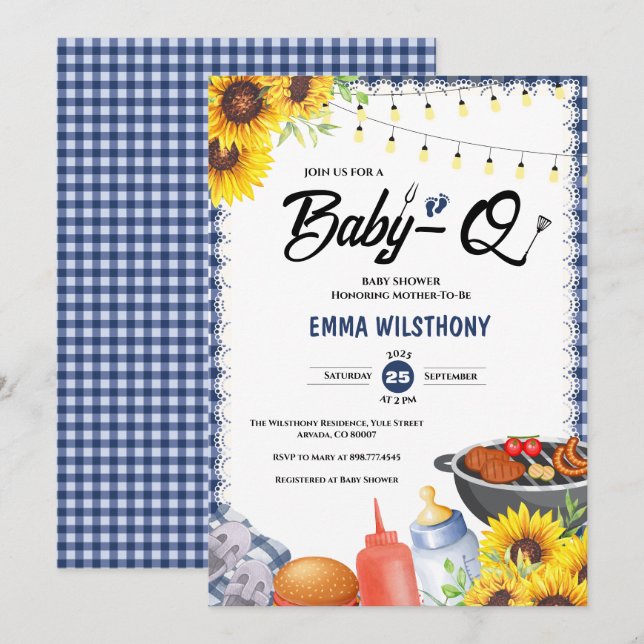 Invitación Azul Rústico Gingham Cuadro Baby Shower BBQ (Anverso / Reverso)