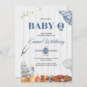 Invitación Azul rústico Gingham Plaid babyq Baby Shower BBQ