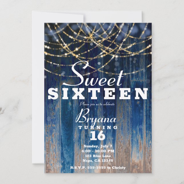 Invitación Azul Rústico Madera de Granero Costero Bokeh Dulce (Anverso)
