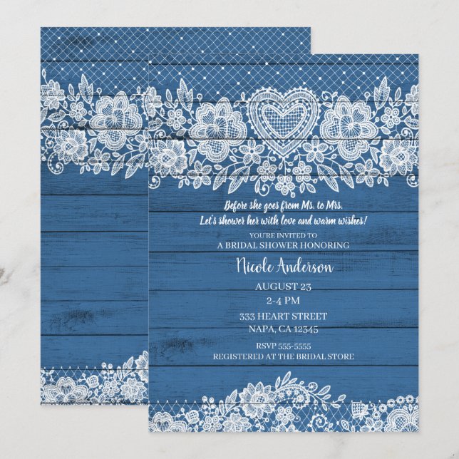Invitación AzuL Rustico Madera Encaje Granja Casa Ducha Nupci (Anverso / Reverso)