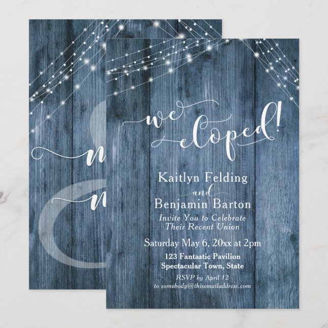 Invitación Azul Rústico Madera y Luces Celebramos Nuestra Fug (Anverso / Reverso)