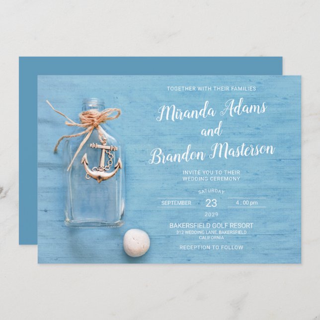 Invitación Azul Rústico, Pequeño Flamo, Ancla, Boda De Playa (Anverso / Reverso)
