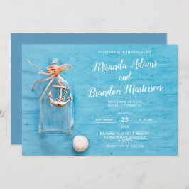 Invitación Azul Rústico, Pequeño Flamo, Ancla, Boda De Playa