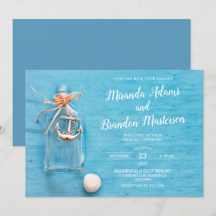 Invitación Azul Rústico, Pequeño Flamo, Ancla, Boda De Playa