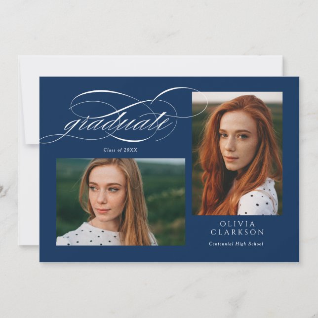 Invitación Azul Script QR Código 3 Partido de Graduación de F (Anverso)