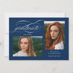 Invitación Azul Script QR Código 3 Partido de Graduación de F