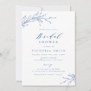 Invitación Azul simple, elegante ducha botánica rústica de no