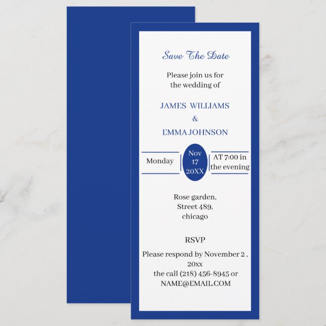 Invitación Azul simple personalizado Guardar la fecha (Anverso / Reverso)