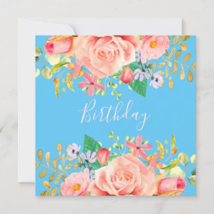 Invitación Azul suave con flores Fiesta de cumpleaños Invitac